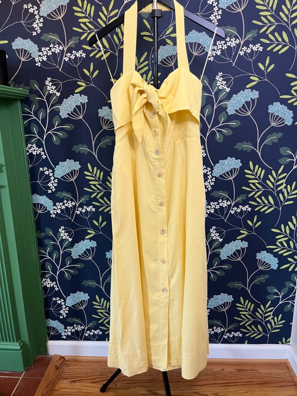 ASTR The Label Butter Yellow Halter Bow Button Down Sundress Size M NWT